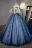 Ball Gown Off the Shoulder Short Sleeve Lace up Sweetheart Prom Dress with Appliques HZ0527