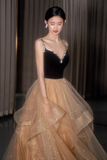 Shiny Spaghetti Straps V Neck Prom Dress, A Line Evening Dress With Layers HZ0527