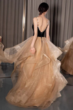 Shiny Spaghetti Straps V Neck Prom Dress, A Line Evening Dress With Layers HZ0527