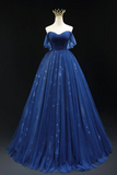 A Line Off Shoulder Sweetheart Neck Dark Blue Long Prom Dress, Blue Formal Dress HZ0527