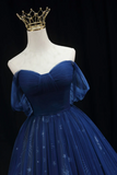 A Line Off Shoulder Sweetheart Neck Dark Blue Long Prom Dress, Blue Formal Dress HZ0527