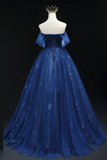 A Line Off Shoulder Sweetheart Neck Dark Blue Long Prom Dress, Blue Formal Dress HZ0527