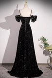 Black Off Shoulder Velvet Sequin Long Prom Dress, Black Long Evening Dress HZ0527