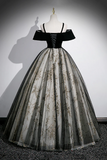 Black Velvet and Sequins Long Prom Dress, Black Off the Shoulder A Line Evening Dress HZ0527