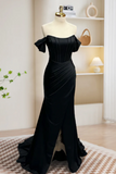 Black Off Shoulder Satin Mermaid Long Prom Dress, Black Long Evening Dress HZ0527