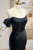 Black Off Shoulder Satin Mermaid Long Prom Dress, Black Long Evening Dress HZ0527