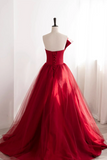 Strapless Burgundy Tulle Satin Long Prom Dresses, Wine Red Long Fomal Gowns HZ0527