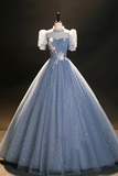 Blue Tulle Floor Length Prom Dress, A Line Short Sleeve Evening Dress HZ0527