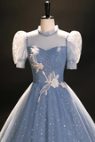 Blue Tulle Floor Length Prom Dress, A Line Short Sleeve Evening Dress HZ0527