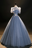 Blue Tulle Floor Length Prom Dress, A Line Short Sleeve Evening Dress HZ0527