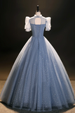 Blue Tulle Floor Length Prom Dress, A Line Short Sleeve Evening Dress HZ0527