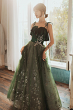 Dark Green Straps Tulle with Velvet Party Dress, Green Evening Gown Prom Dress HZ0527