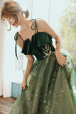 Dark Green Straps Tulle with Velvet Party Dress, Green Evening Gown Prom Dress HZ0527