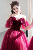 Burgundy V Neck Velvet and Tulle Long Prom Dress, A Line Spaghetti Strap Formal Evening Dress HZ0527