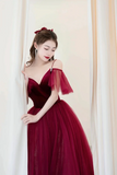 Burgundy V Neck Velvet and Tulle Long Prom Dress, A Line Spaghetti Strap Formal Evening Dress HZ0527