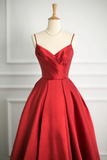 Red V Neck Satin Long A Line Prom Dress, Simple A Line Backless Evening Party Dress HZ0527