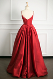 Red V Neck Satin Long A Line Prom Dress, Simple A Line Backless Evening Party Dress HZ0527