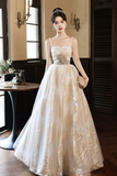 Champagne Spaghetti Strap Tulle Formal Dress, A Line Sweetheart Neck Evening Party Dress HZ0527