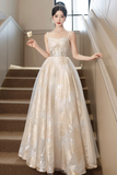 Champagne Spaghetti Strap Tulle Formal Dress, A Line Sweetheart Neck Evening Party Dress HZ0527