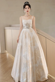 Champagne Spaghetti Strap Tulle Formal Dress, A Line Sweetheart Neck Evening Party Dress HZ0527