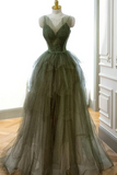 Green Tulle Layers Beaded Long Party Dress, A Line Green Evening Dress Prom Dress HZ0527