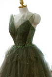 Green Tulle Layers Beaded Long Party Dress, A Line Green Evening Dress Prom Dress HZ0527