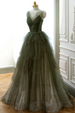 Green Tulle Layers Beaded Long Party Dress, A Line Green Evening Dress Prom Dress HZ0527