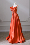 Orange Long Satin Prom Dresses with Bow, Oranage Long Satin Formal Evening Dresses HZ0527