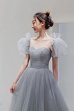 Gray Tulle Floor Length A Line Prom Dress, Lovely Puff Sleeve Evening Party Dress HZ0527