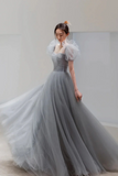 Gray Tulle Floor Length A Line Prom Dress, Lovely Puff Sleeve Evening Party Dress HZ0527