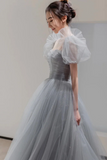Gray Tulle Floor Length A Line Prom Dress, Lovely Puff Sleeve Evening Party Dress HZ0527