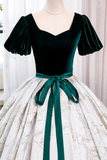 Green Velvet Floor Length Printing Prom Dresses, A Line Short Sleeve Evening Formal Dresses HZ0527