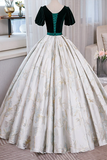 Green Velvet Floor Length Printing Prom Dresses, A Line Short Sleeve Evening Formal Dresses HZ0527