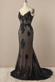 Black V neck Beaded Lace Evening dress, Lace Mermaid Prom Dress HZ0527