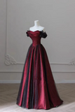 Black and Red Off Shoulder Satin Long Prom Dress, Off the Shoulder Party Dress HZ0527