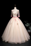 Champagne V Neck Lace Long Prom Dress, A Line 1/2 Sleeves Evening Party Dress HZ0527