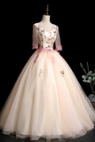 Champagne V Neck Lace Long Prom Dress, A Line 1/2 Sleeves Evening Party Dress HZ0527