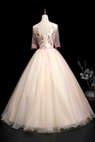 Champagne V Neck Lace Long Prom Dress, A Line 1/2 Sleeves Evening Party Dress HZ0527