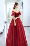 Elegant Tulle and Velvet Long Prom Dress, Off the Shoulder A Line Evening Party Dress HZ0527