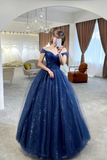 Blue Tulle Long Prom Dress, Off the Shoulder Evening Party Dress HZ0527