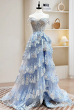 A Line Tulle Sequin Blue Long Prom Dress, Blue Sequin Long Formal Dress HZ0527