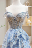 A Line Tulle Sequin Blue Long Prom Dress, Blue Sequin Long Formal Dress HZ0527