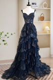 A Line Tulle Sequin Blue Long Prom Dress, Blue Sequin Long Formal Dress HZ0527