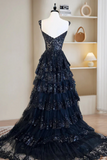 A Line Tulle Sequin Blue Long Prom Dress, Blue Sequin Long Formal Dress HZ0527
