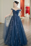 Blue Shiny Tulle Floor Length Prom Dress, Off the Shoulder A Line Evening Party Dress HZ0527