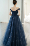 Blue Shiny Tulle Floor Length Prom Dress, Off the Shoulder A Line Evening Party Dress HZ0527