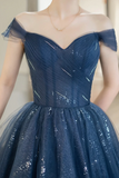 Blue Shiny Tulle Floor Length Prom Dress, Off the Shoulder A Line Evening Party Dress HZ0527