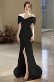 Simple Off Shoulder Satin Mermaid Black Long Prom Dress, Black Long Formal Dress HZ0527