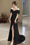 Simple Off Shoulder Satin Mermaid Black Long Prom Dress, Black Long Formal Dress HZ0527