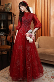 Wine Red Tulle Puffy Sleeves Long Party Dress, Wine Red Long Prom Dress HZ0527